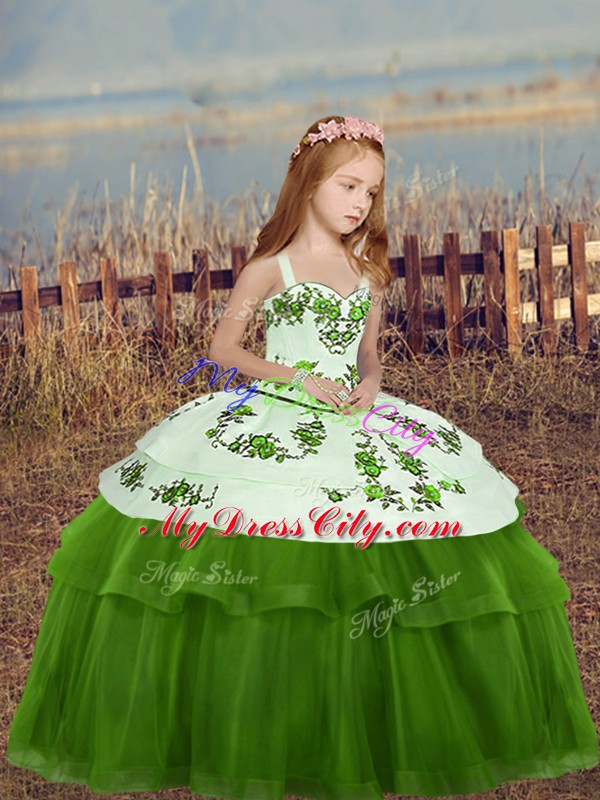 Green Sleeveless Floor Length Embroidery Lace Up Pageant Gowns For Girls