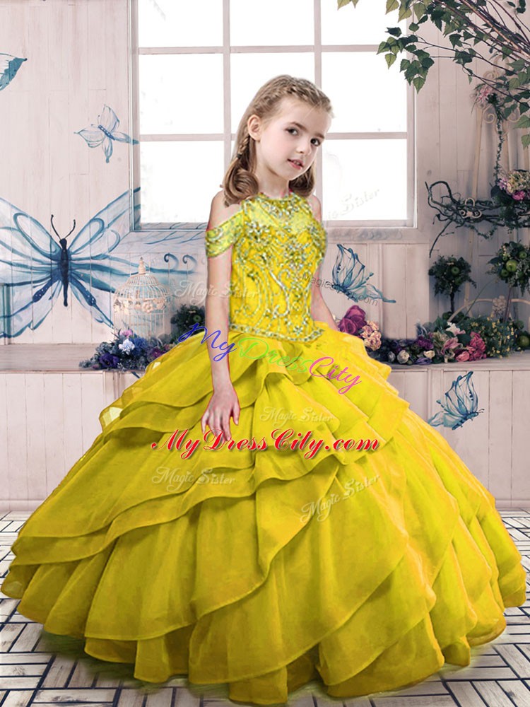 Floor Length Olive Green Little Girls Pageant Dress Organza Sleeveless Beading and Ruffled Layers