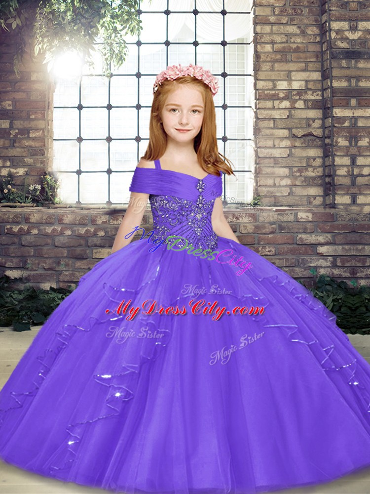 Lavender Sleeveless Floor Length Beading Lace Up Pageant Dress Wholesale