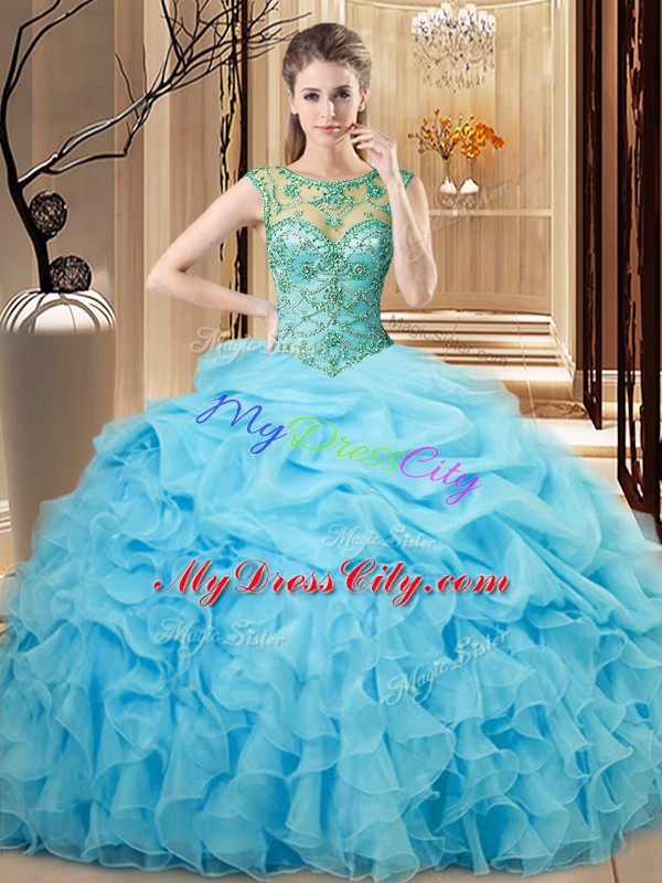 Stunning Sleeveless Beading and Ruffles Lace Up Quince Ball Gowns