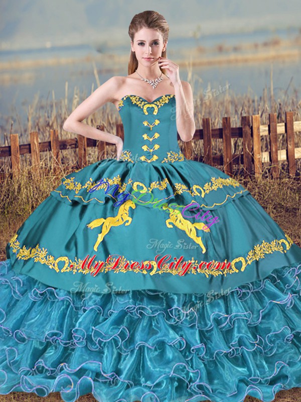 New Arrival Blue Lace Up Sweet 16 Dress Embroidery and Ruffles Sleeveless Floor Length Brush Train