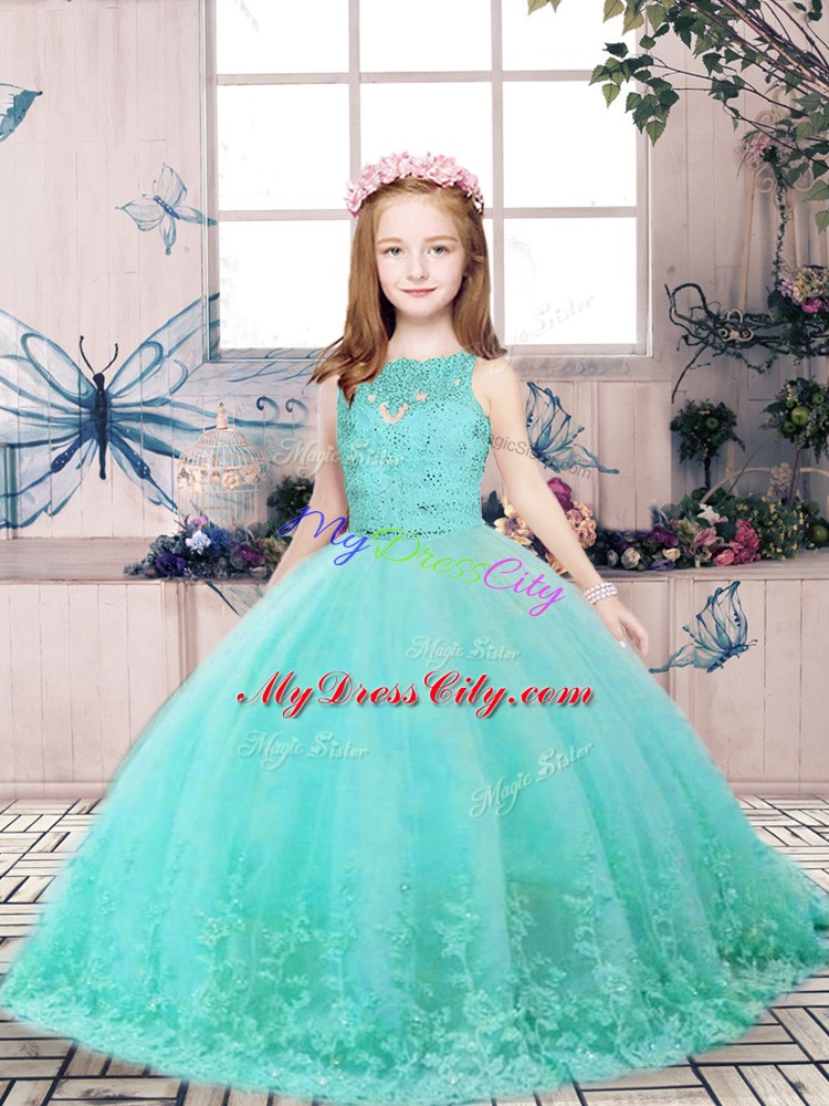 Aqua Blue Little Girls Pageant Dress Party and Wedding Party with Lace and Appliques Scoop Sleeveless Backless