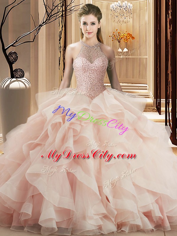 Halter Top Sleeveless Sweet 16 Quinceanera Dress Brush Train Beading and Ruffles Pink Organza