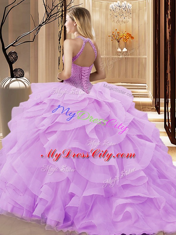 Halter Top Sleeveless Sweet 16 Quinceanera Dress Brush Train Beading and Ruffles Pink Organza