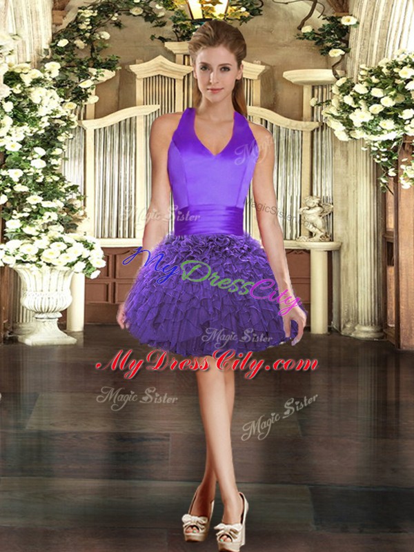 Top Selling Purple Lace Up Halter Top Ruffles Prom Dresses Organza Sleeveless