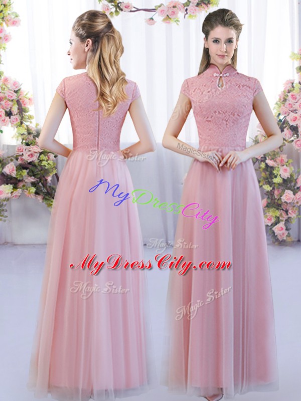 Captivating Empire Vestidos de Damas Pink High-neck Tulle Cap Sleeves Floor Length Zipper