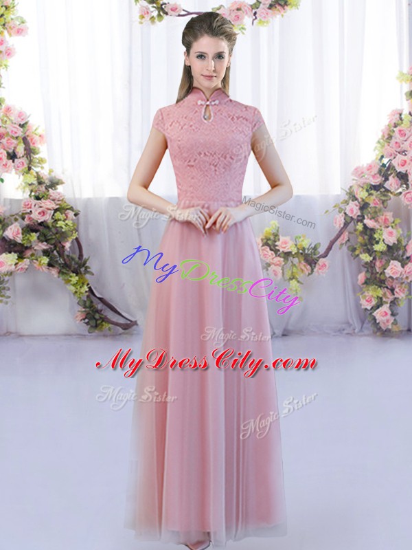 Captivating Empire Vestidos de Damas Pink High-neck Tulle Cap Sleeves Floor Length Zipper