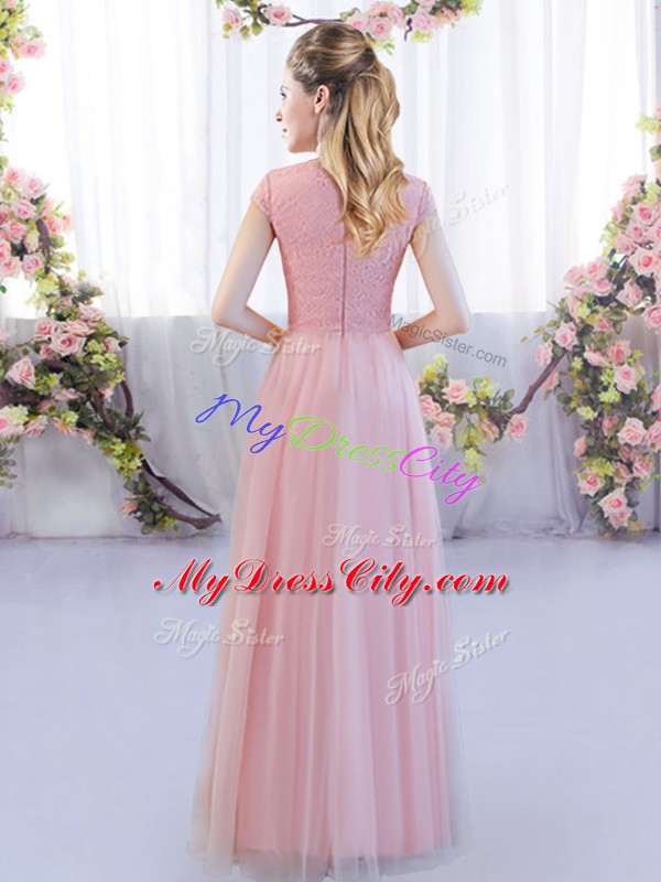 Captivating Empire Vestidos de Damas Pink High-neck Tulle Cap Sleeves Floor Length Zipper