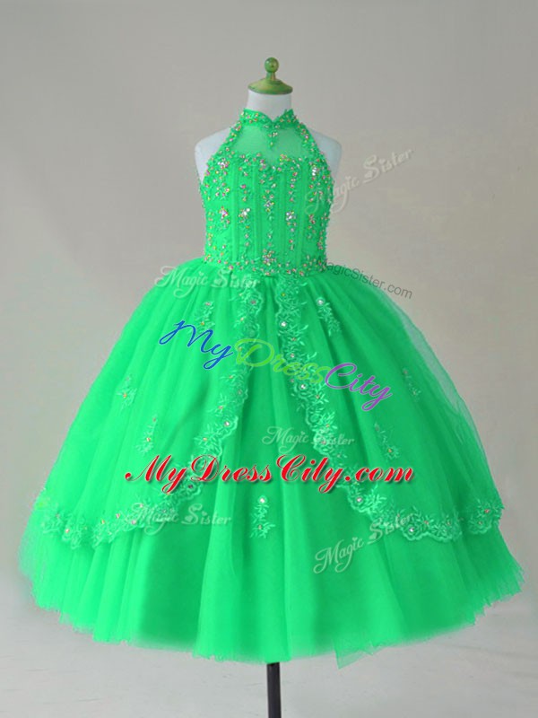 Turquoise Ball Gowns Tulle High-neck Sleeveless Beading and Appliques Floor Length Lace Up Kids Pageant Dress