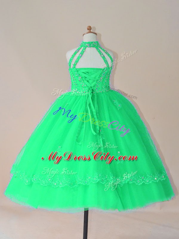 Turquoise Ball Gowns Tulle High-neck Sleeveless Beading and Appliques Floor Length Lace Up Kids Pageant Dress