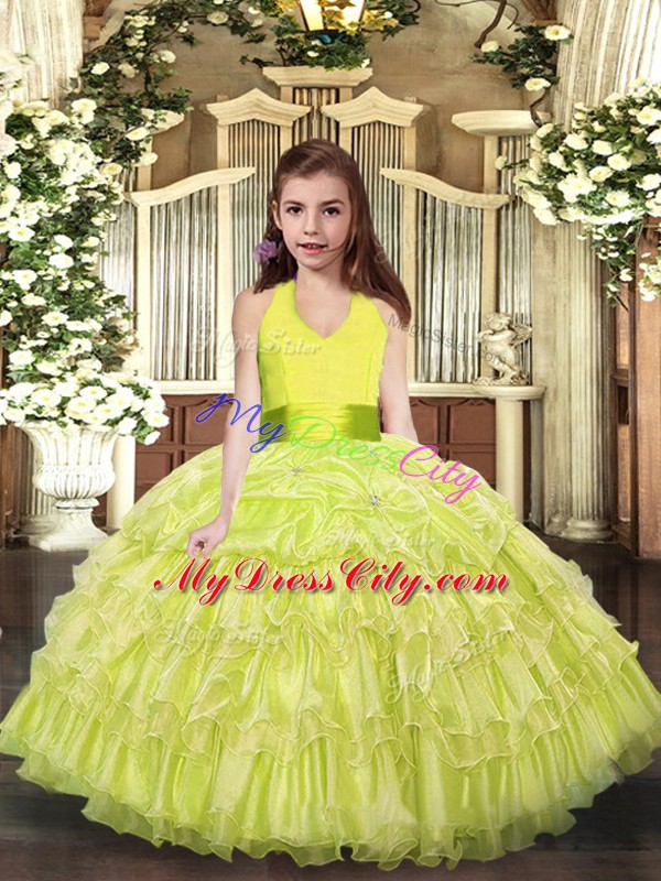 Organza Halter Top Sleeveless Lace Up Ruffled Layers Pageant Gowns in Yellow Green