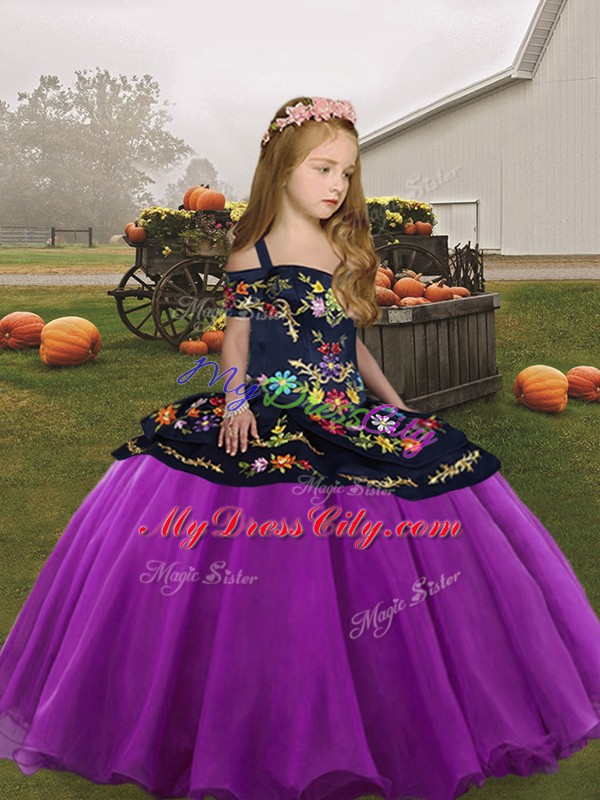 Fashion Straps Sleeveless Girls Pageant Dresses Floor Length Embroidery Purple Organza