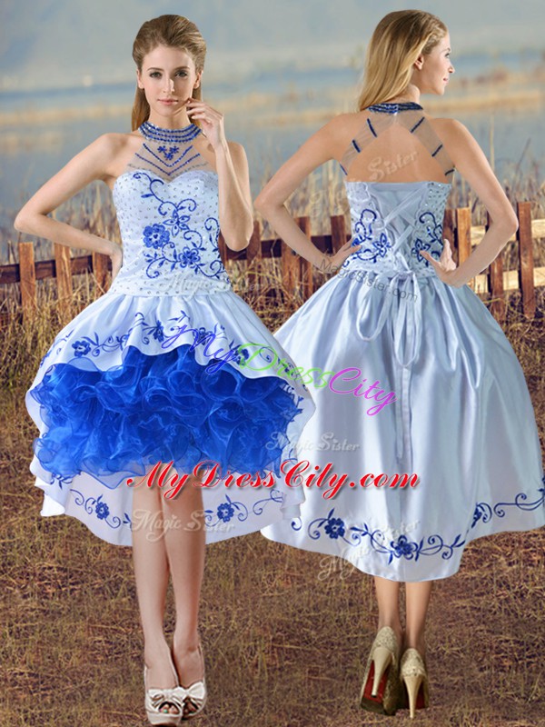 High Class Blue And White Lace Up Quinceanera Dresses Embroidery and Ruffles Sleeveless Floor Length