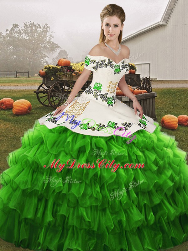 Classical Ball Gowns Sweet 16 Dress Green Off The Shoulder Organza Sleeveless Floor Length Lace Up