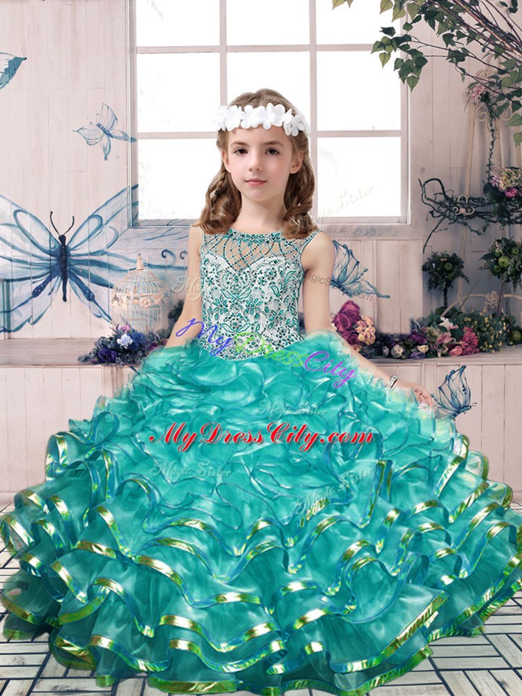 Dramatic Scoop Sleeveless Organza Child Pageant Dress Beading and Ruffles Lace Up