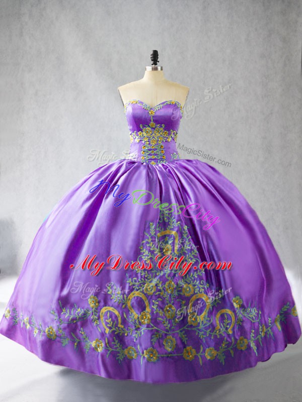 Lavender Satin Lace Up Quinceanera Dresses Sleeveless Floor Length Embroidery