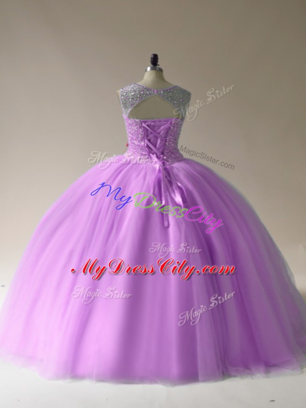 Most Popular Scoop Sleeveless Organza Quince Ball Gowns Beading Lace Up