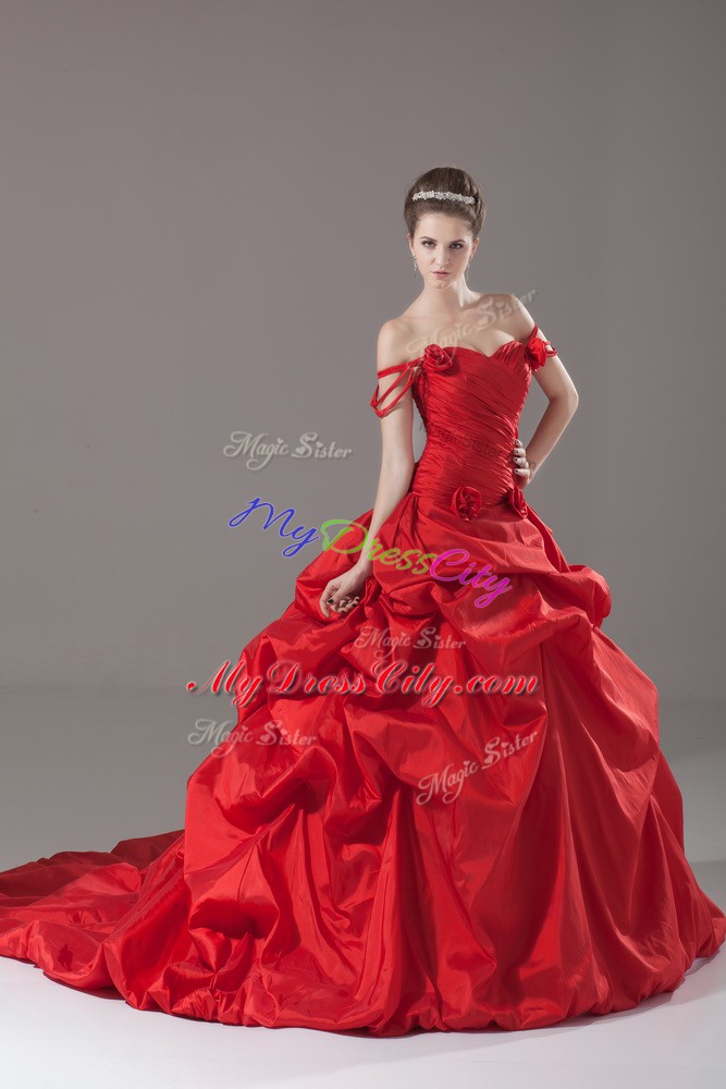 Red Vestidos de Quinceanera Off The Shoulder Sleeveless Brush Train Lace Up