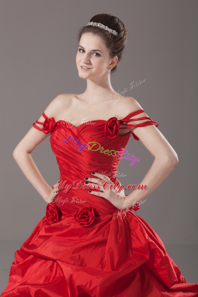 Red Vestidos de Quinceanera Off The Shoulder Sleeveless Brush Train Lace Up