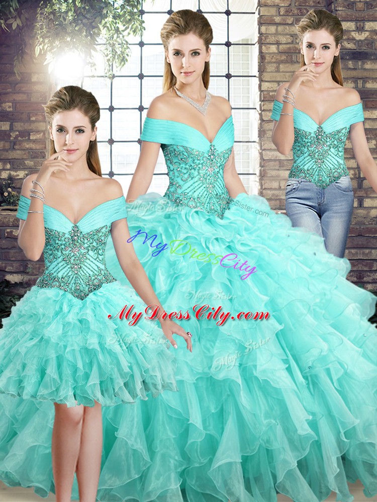 Dynamic Sleeveless Brush Train Lace Up Beading and Ruffles 15th Birthday Dress