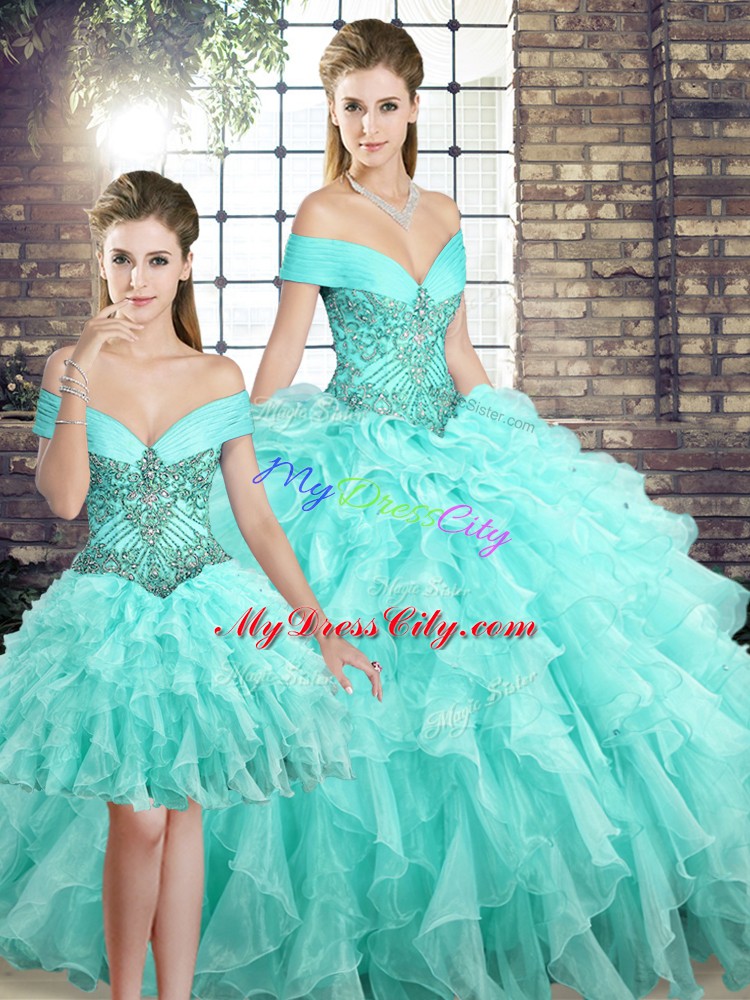 Dynamic Sleeveless Brush Train Lace Up Beading and Ruffles 15th Birthday Dress