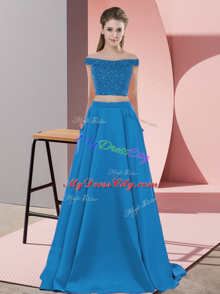 Sophisticated Sweep Train Two Pieces Dress for Prom Blue Off The Shoulder Elastic Woven Satin Sleeveless Backless