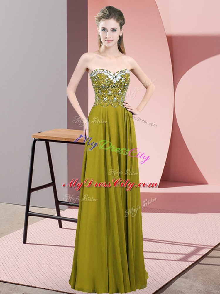 Olive Green Empire Sweetheart Sleeveless Chiffon Floor Length Zipper Beading Evening Dress