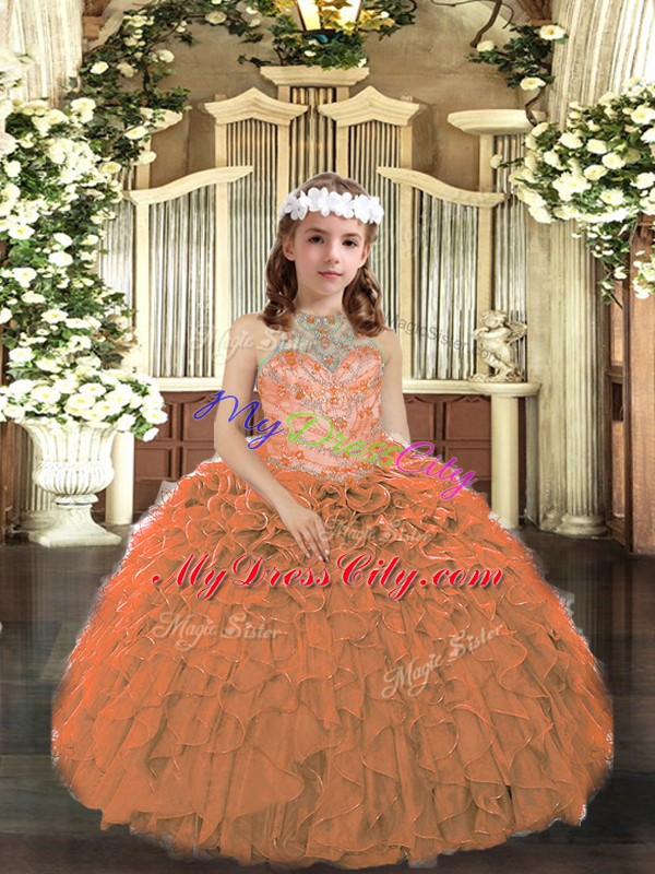 Fashion Orange Sleeveless Beading and Ruffles Floor Length Child Pageant Dress