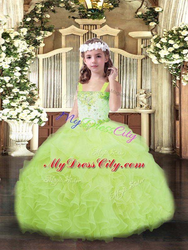 Yellow Green Ball Gowns Organza Straps Sleeveless Beading and Ruffles and Pick Ups Floor Length Lace Up Pageant Gowns For Girls