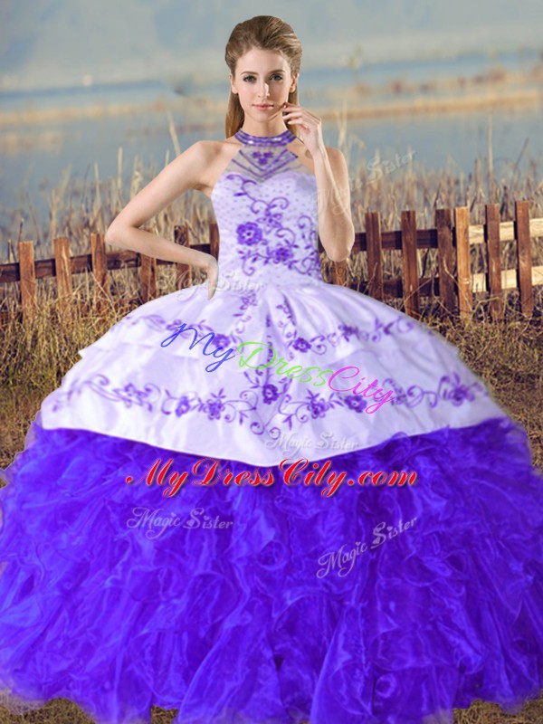 Best Selling Halter Top Sleeveless Court Train Lace Up Quinceanera Dress Blue Organza