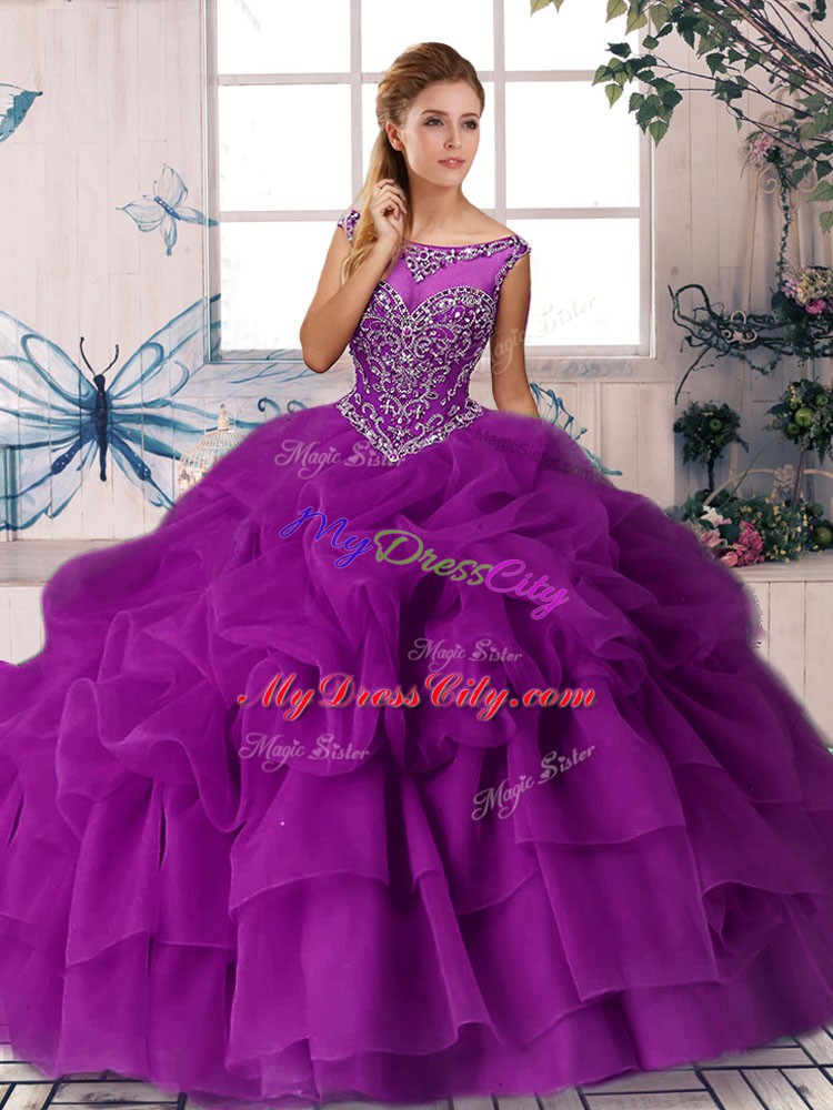 Wonderful Purple Organza Zipper Scoop Sleeveless 15th Birthday Dress Brush Train Beading and Pick Ups