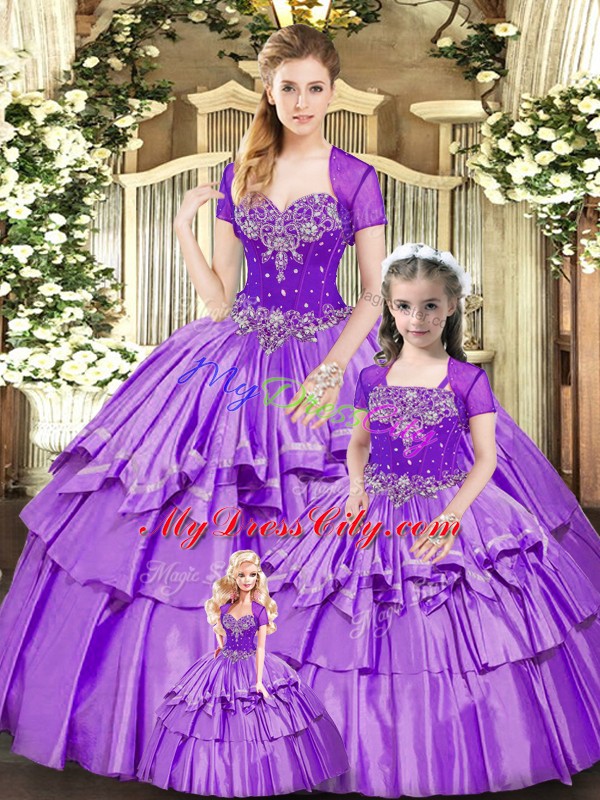 Lavender Sweet 16 Dresses Military Ball and Sweet 16 and Quinceanera with Beading and Ruffled Layers Sweetheart Sleeveless Lace Up