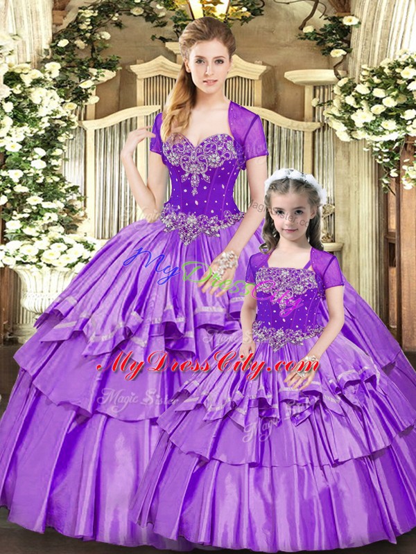 Lavender Sweet 16 Dresses Military Ball and Sweet 16 and Quinceanera with Beading and Ruffled Layers Sweetheart Sleeveless Lace Up