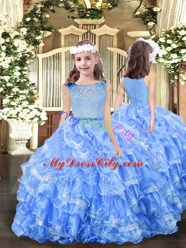 Blue Sleeveless Organza Zipper Kids Formal Wear for Party and Sweet 16 and Wedding Party