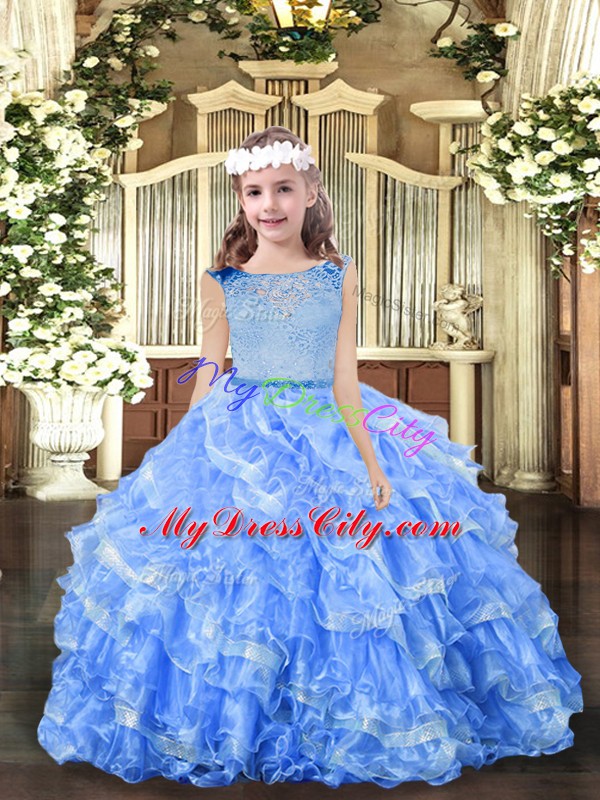 Blue Sleeveless Organza Zipper Kids Formal Wear for Party and Sweet 16 and Wedding Party