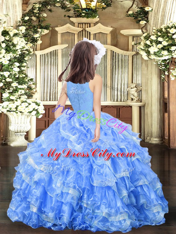 Blue Sleeveless Organza Zipper Kids Formal Wear for Party and Sweet 16 and Wedding Party