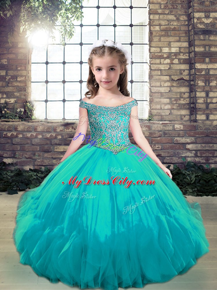 Off The Shoulder Sleeveless Lace Up Pageant Dress for Teens Aqua Blue Tulle