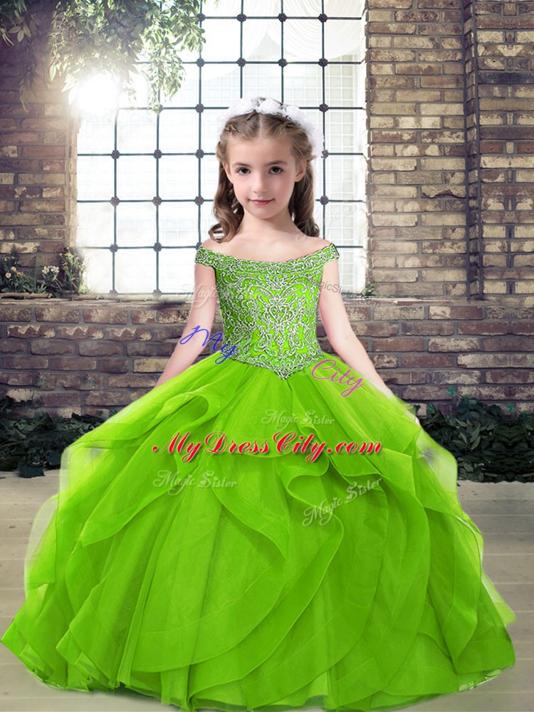 Sleeveless Floor Length Beading and Ruffles Side Zipper Little Girl Pageant Dress