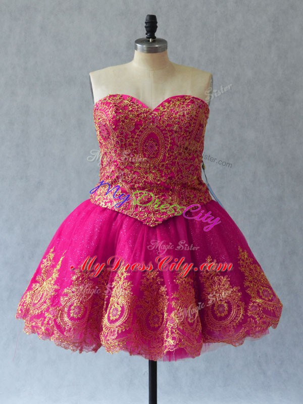 Pretty Fuchsia Tulle Lace Up Sweetheart Sleeveless Mini Length Oscars Dresses Appliques and Embroidery