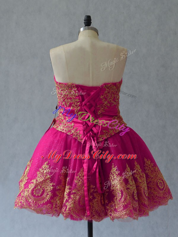 Pretty Fuchsia Tulle Lace Up Sweetheart Sleeveless Mini Length Oscars Dresses Appliques and Embroidery