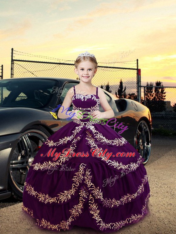 Floor Length Purple Little Girls Pageant Gowns Satin Sleeveless Embroidery