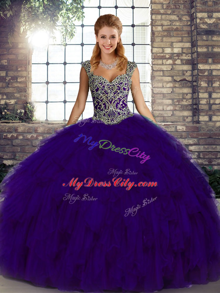 Sleeveless Floor Length Beading and Ruffles Lace Up Quince Ball Gowns with Purple