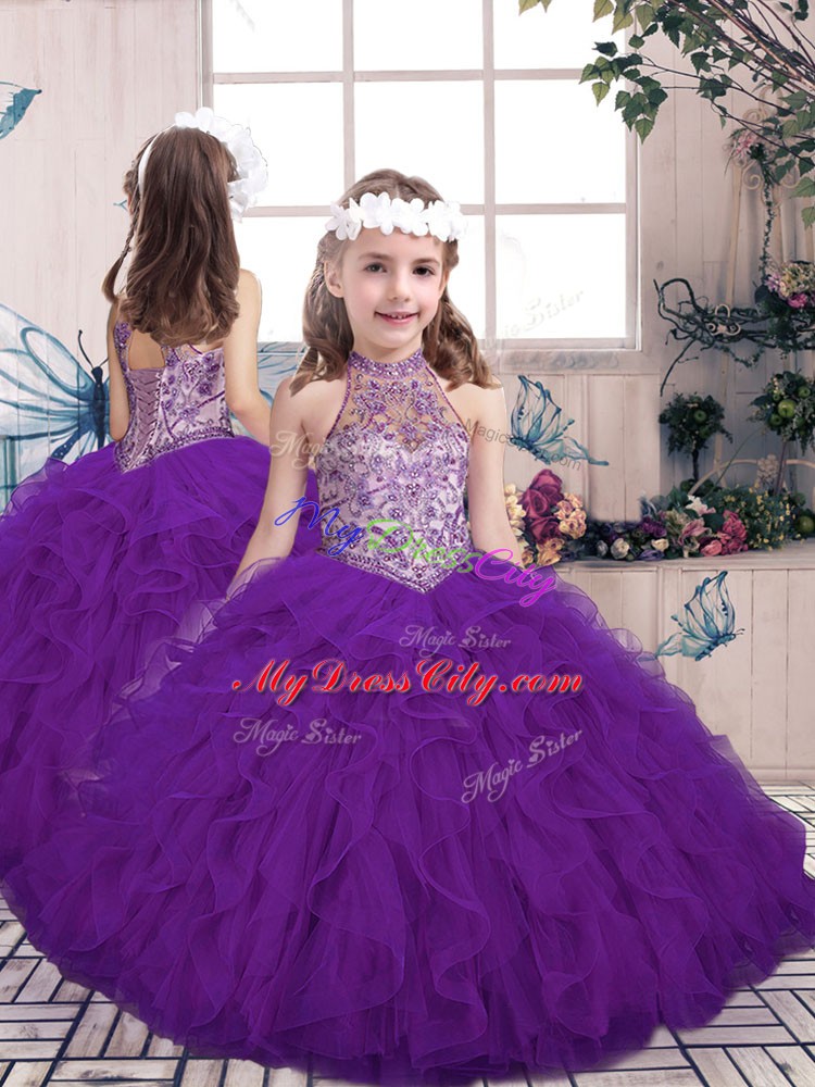 Super Purple Ball Gowns Tulle High-neck Sleeveless Beading and Ruffles Floor Length Lace Up Little Girl Pageant Gowns