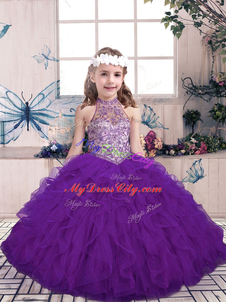 Super Purple Ball Gowns Tulle High-neck Sleeveless Beading and Ruffles Floor Length Lace Up Little Girl Pageant Gowns