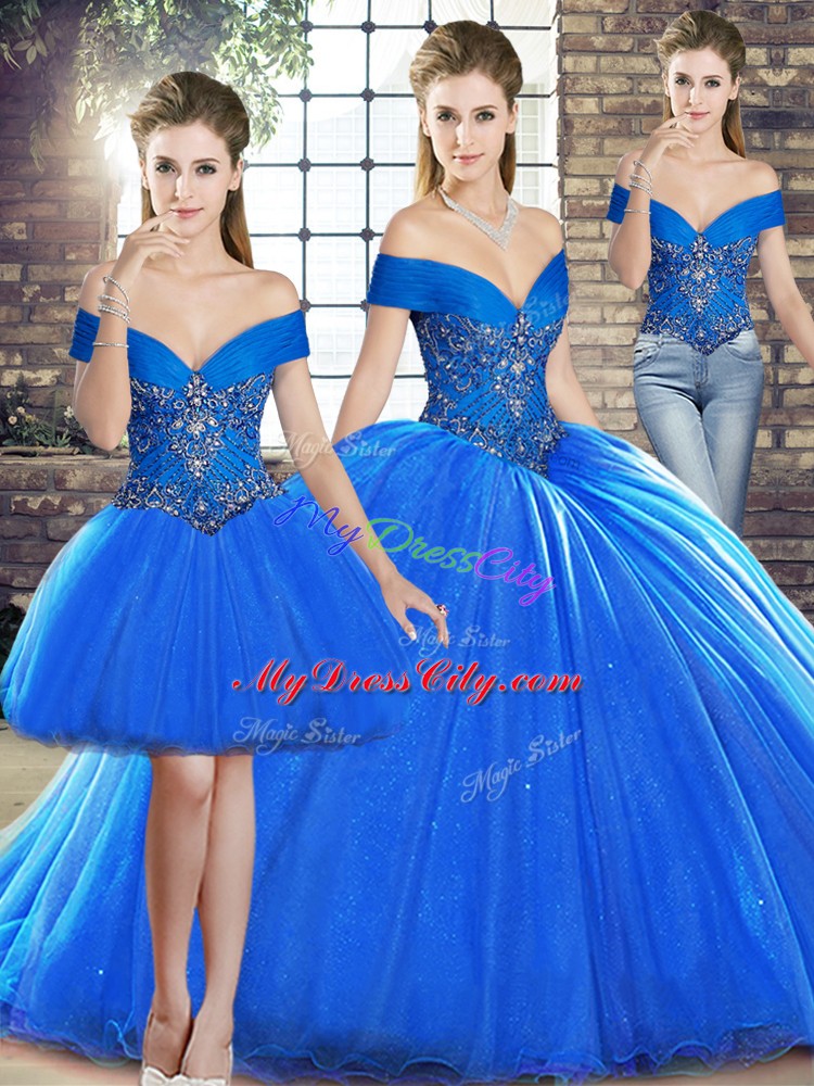 Royal Blue Off The Shoulder Lace Up Beading Ball Gown Prom Dress Brush Train Sleeveless