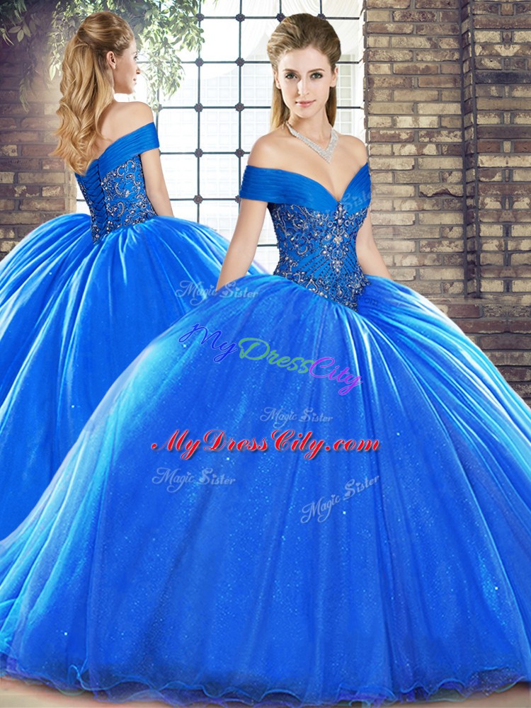 Royal Blue Off The Shoulder Lace Up Beading Ball Gown Prom Dress Brush Train Sleeveless