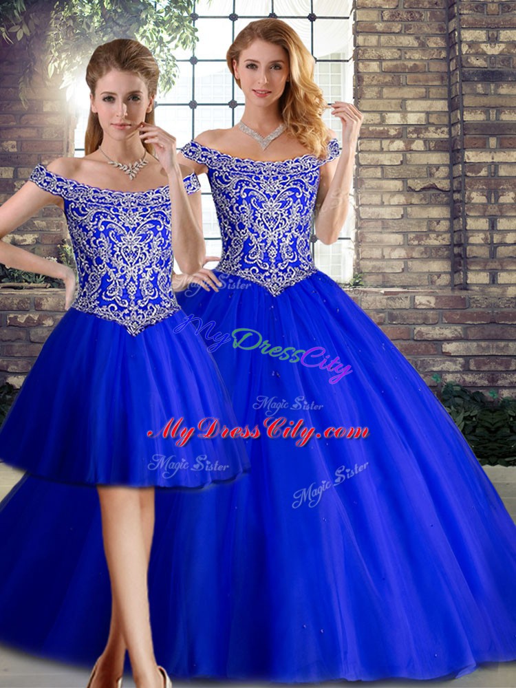 Custom Design Sleeveless Beading Lace Up 15th Birthday Dress with Royal Blue Brush Train