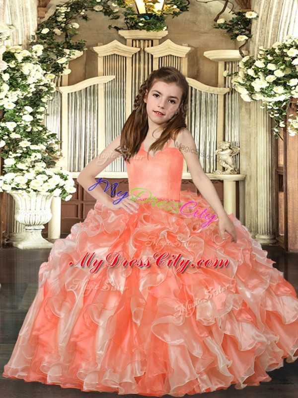 Peach Lace Up Straps Ruffles Little Girl Pageant Gowns Organza Sleeveless