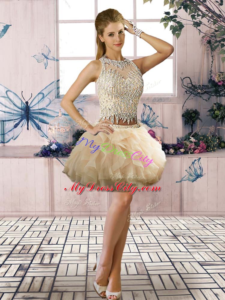 Top Selling Scoop Sleeveless Tulle Beading and Ruffles Clasp Handle