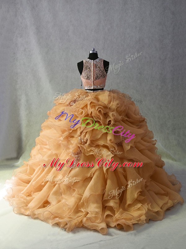 Champagne Sweet 16 Dresses Sweet 16 and Quinceanera with Beading and Ruffles and Sequins Scoop Sleeveless Brush Train Zipper